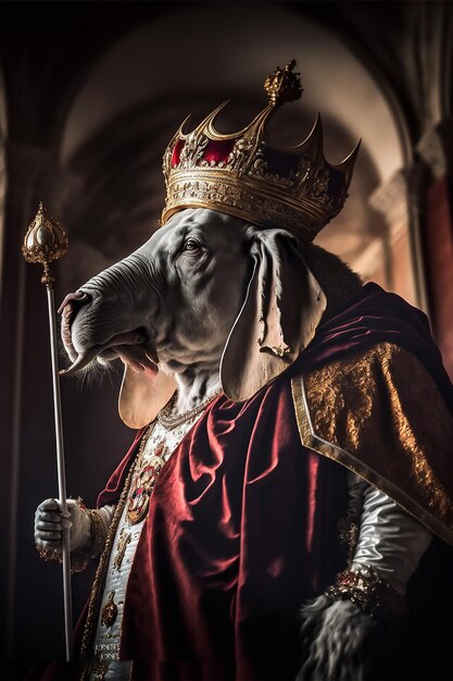 Un cane con la corona di un re si trova davanti a una chiesa