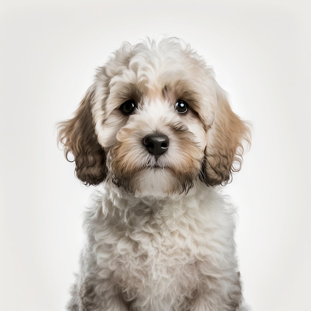 Un cane con la faccia bianca e gli occhi marroni è seduto davanti a uno sfondo bianco.