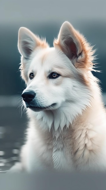 Un cane con la faccia bianca e gli occhi neri