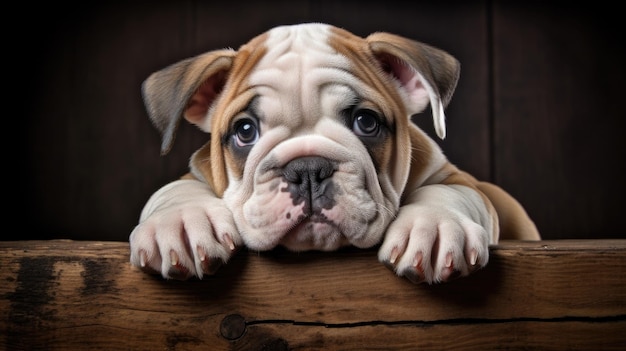 un cane con la faccia triste si siede su un tavolo di legno.