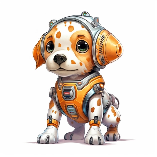 Un cane con la testa di un robot che indossa un elmetto con sopra la scritta "robot".