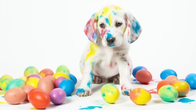 Un cane con le uova dipinte sul viso si siede accanto a un mucchio di uova di Pasqua.