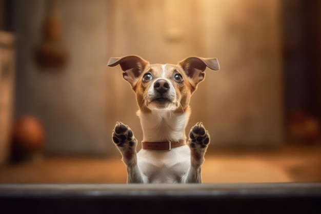 Un cane con le zampe su un tavolo