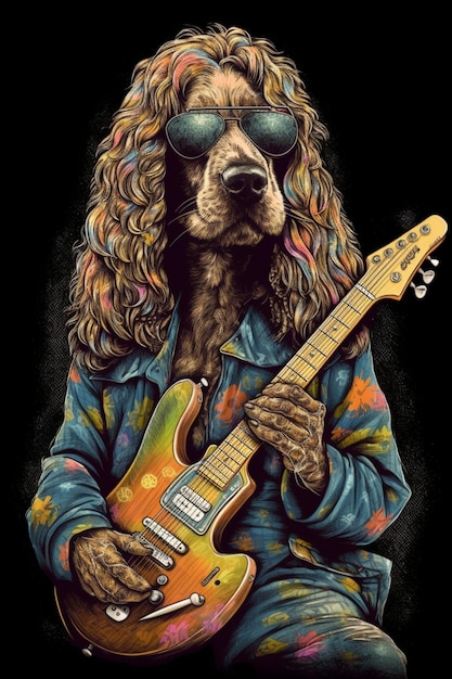 Un cane con occhiali da sole e una chitarra sta suonando una chitarra.