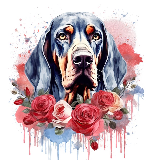 Un cane con rose rosse in bocca