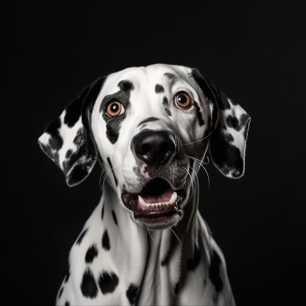 Un cane con segni bianchi e neri che dice dalmata.