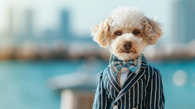 Un cane con un abito a righe e un papillon su uno sfondo sfocato del mare