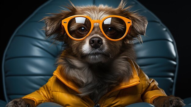 un cane con un anello da piscina con occhiali da sole sul naso nello stile dell'indaco chiaro e del giallo