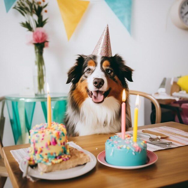 un cane con un berretto di compleanno con torta di compleanno e candele AI generativa