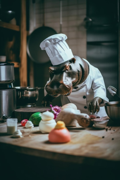 Un cane con un cappello da chef sta preparando il cibo Immagine di intelligenza artificiale generativa