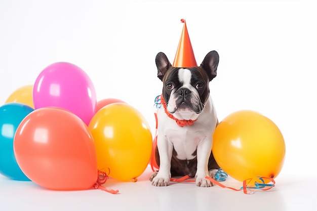 Un cane con un cappello da festa siede tra i palloncini