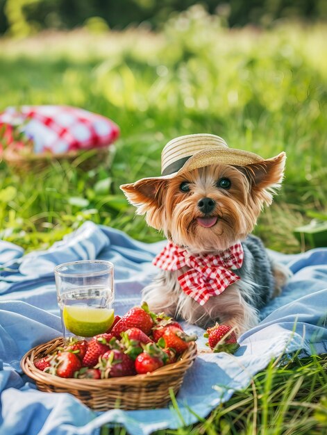 Un cane con un cappello di paglia e delle fragole su una coperta