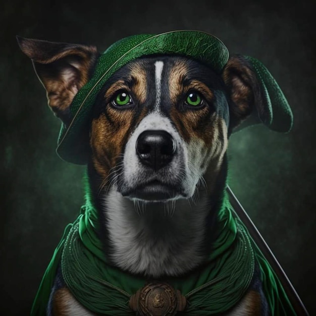 Un cane con un cappello verde e un cappello verde è in piedi davanti a uno sfondo scuro.