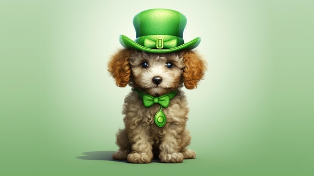 Un cane con un cappello verde e un papillon verde siede su uno sfondo verde.