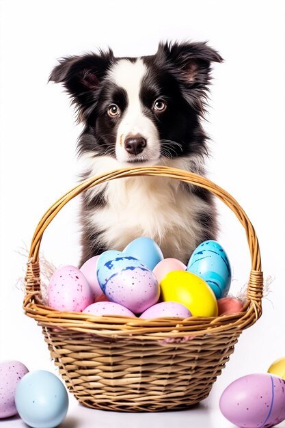 Un cane con un cesto di uova di Pasqua