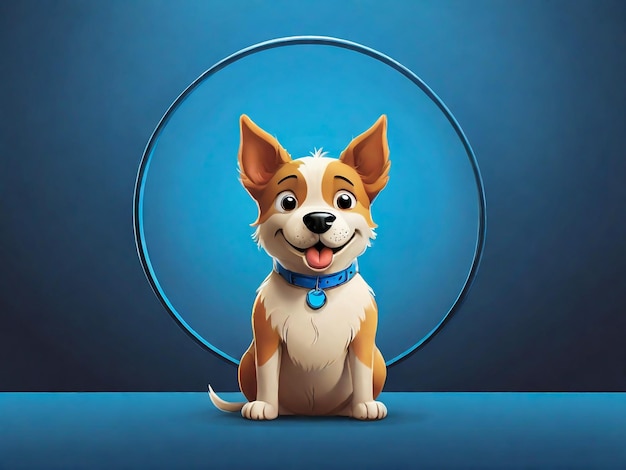 un cane con un collare blu si siede di fronte a uno sfondo blu rotondo