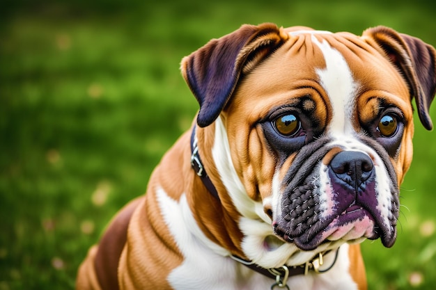 Un cane con un collare con scritto "bulldog".