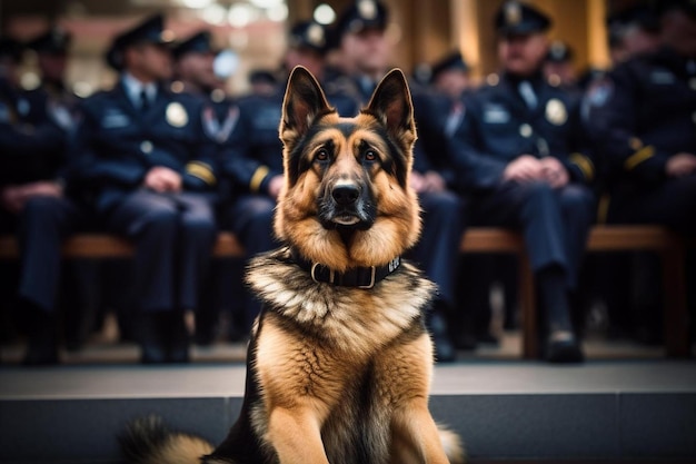 Un cane con un collare con su scritto "polizia".