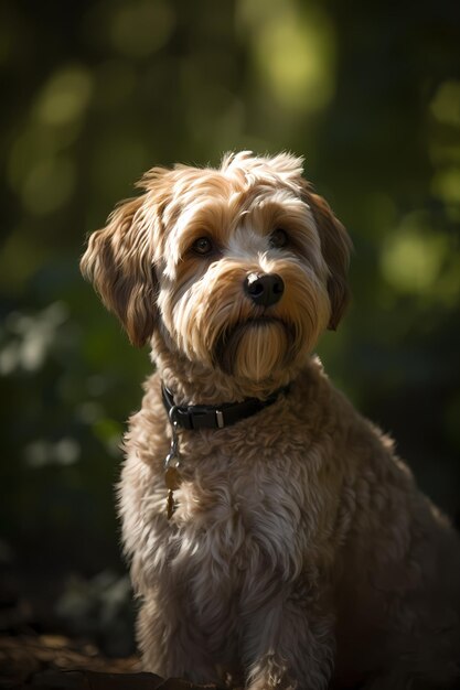 Un cane con un collare nero siede in una foresta.