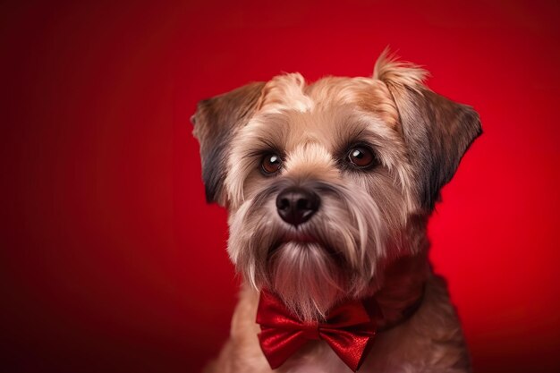 Un cane con un farfallino rosso sopra