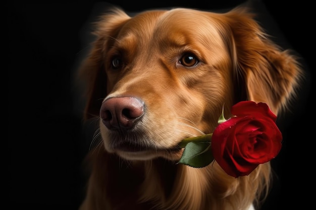 Un cane con un fiore in bocca generativo ai