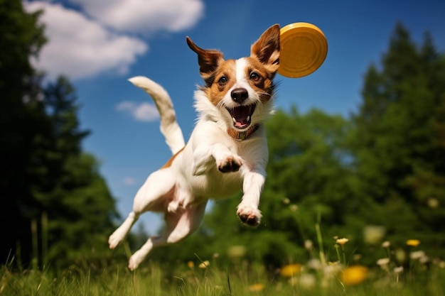 Un cane con un frisbee in bocca è in aria.