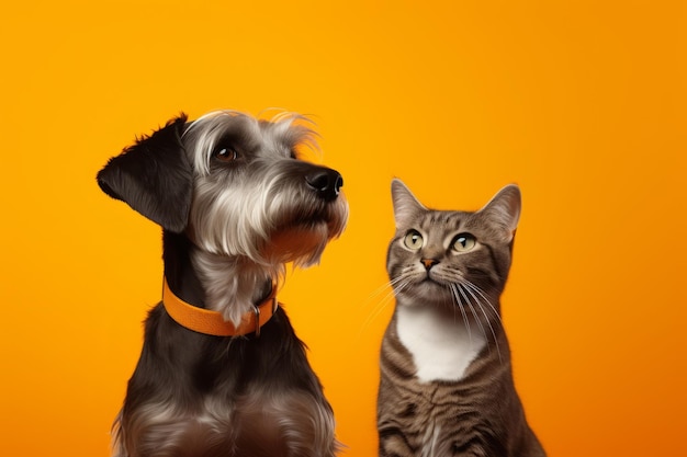 un cane con un gatto su sfondo giallo Concetto di animale domestico ai generativo