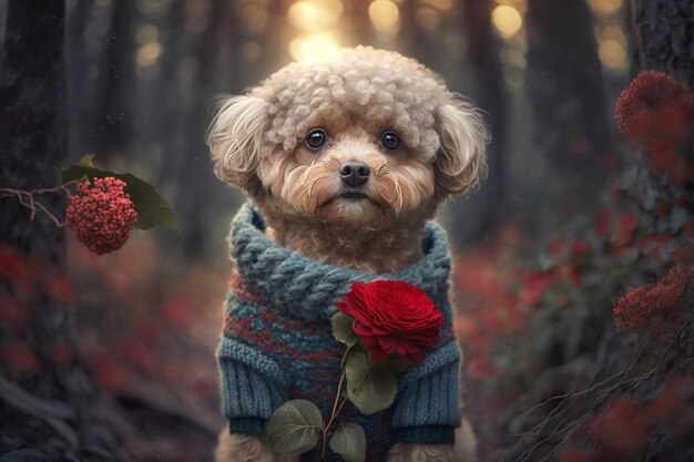 Un cane con un maglione con un fiore rosso