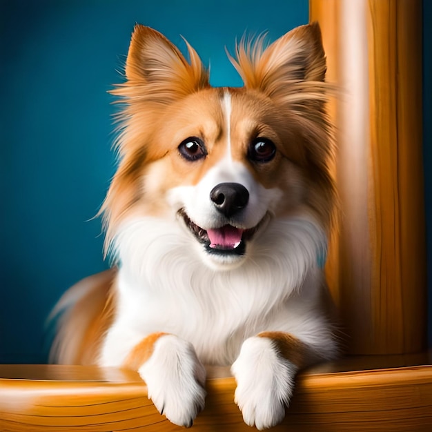 Un cane con un mantello marrone e bianco è appeso a una sedia di legno.