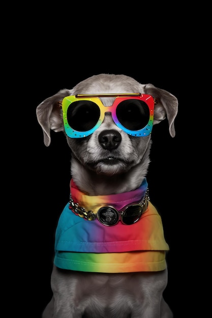 Un cane con un occhio arcobaleno e occhiali lgbtq