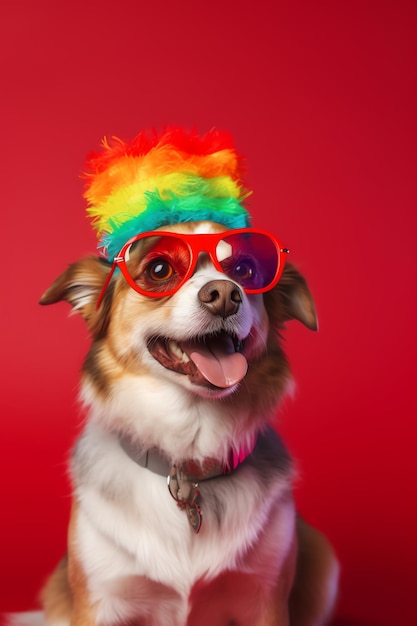 Un cane con un occhio arcobaleno e occhiali lgbtq