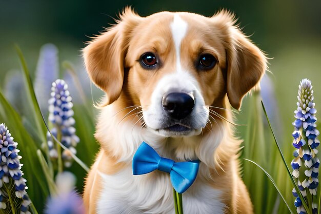 Un cane con un papillon blu in un campo di fiori.