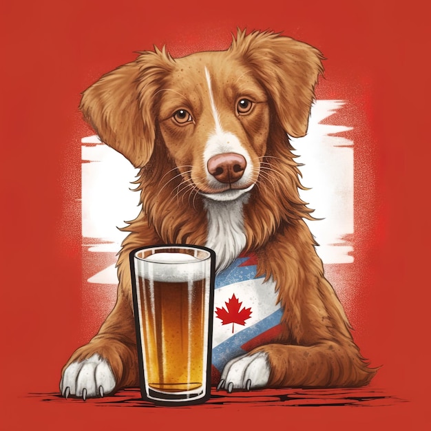 Un cane con una bandiera canadese sul petto si siede accanto a un bicchiere di birra.