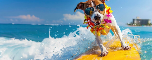 Un cane con una camicia hawaiana e occhiali da sole che surfano in acqua su una tavola da surf gialla sotto un cielo blu