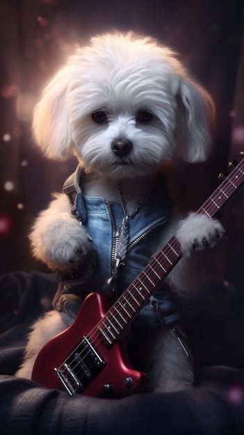 Un cane con una chitarra in grembo sta suonando una chitarra.