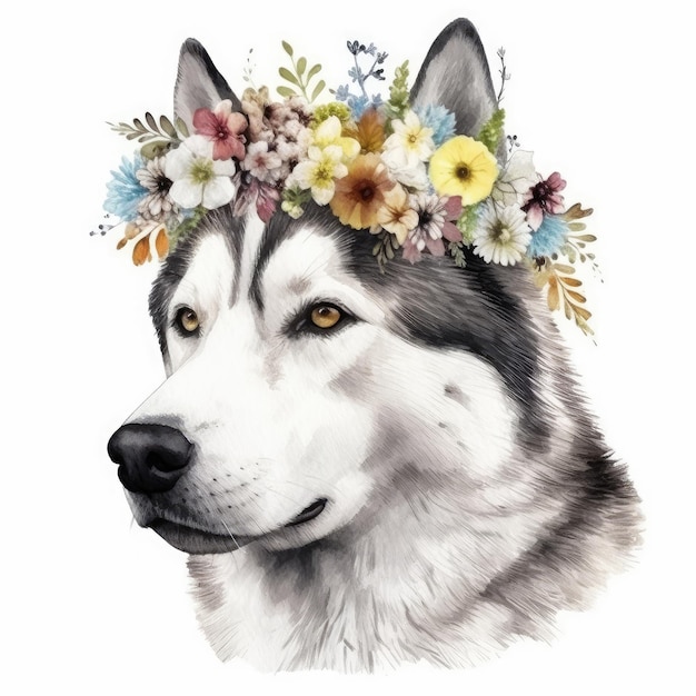 Un cane con una corona di fiori in testa indossa una corona di fiori.