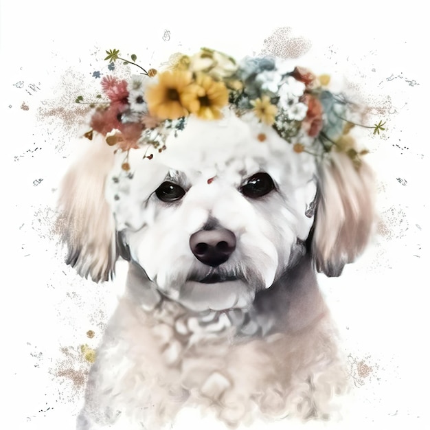Un cane con una corona di fiori in testa