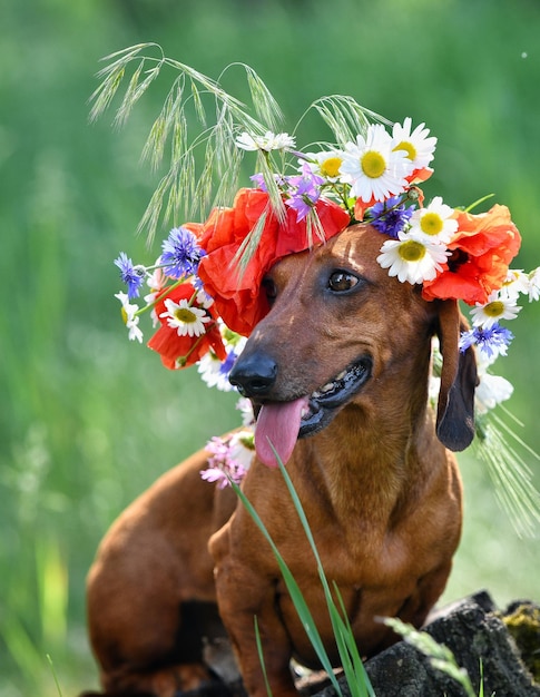 Un cane con una corona di fiori in testa