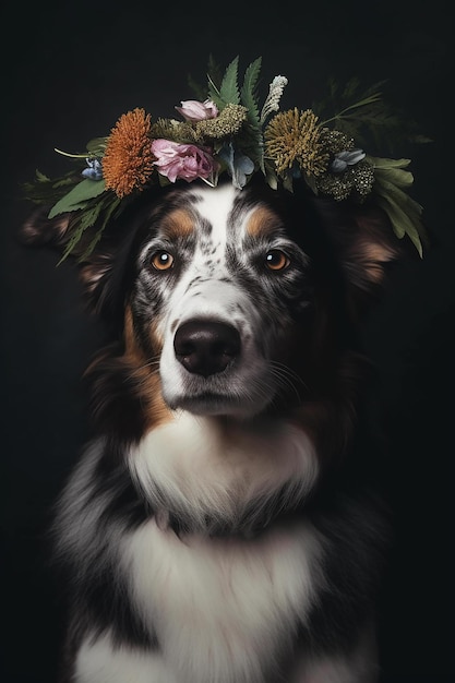Un cane con una corona di fiori in testa