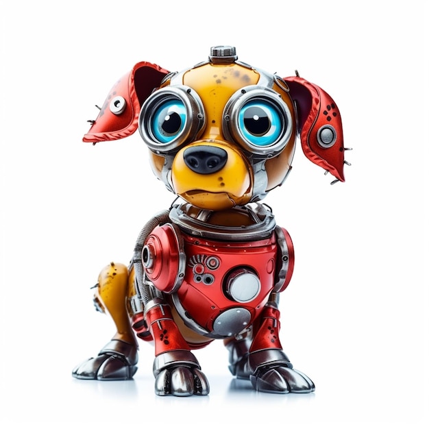 Un cane con una faccia da robot e una testa rossa che dice "cane robot"