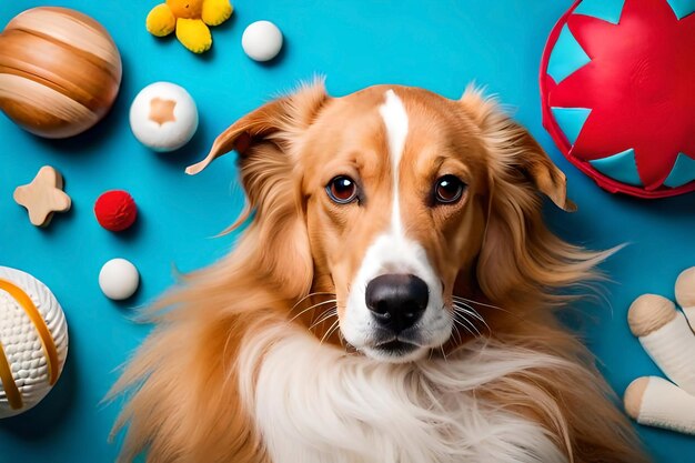 Un cane con una faccia rossa e bianca e uno sfondo blu con sopra delle caramelle.