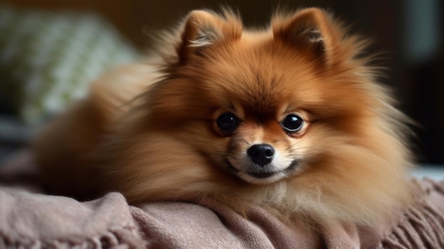 Un cane con una faccia soffice si siede su un letto.