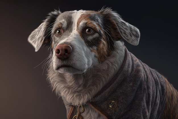 Un cane con una giacca con un colletto che dice "il cane"
