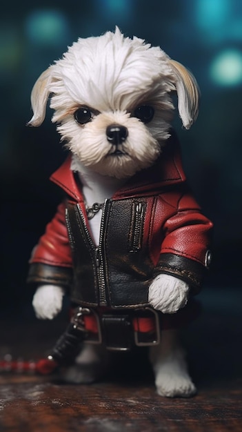 Un cane con una giacca di pelle rossa