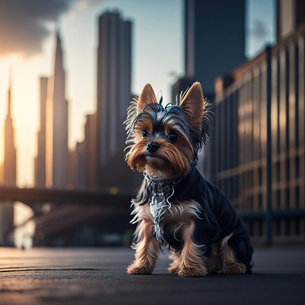 Un cane con una giacca nera è in piedi davanti allo skyline di una città.