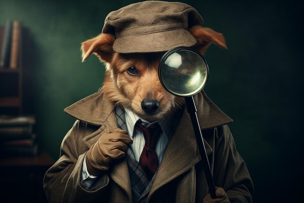 Un cane con una lente d'ingrandimento vestito da detective