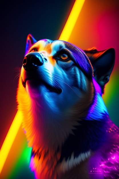 Un cane con una luce al neon dietro