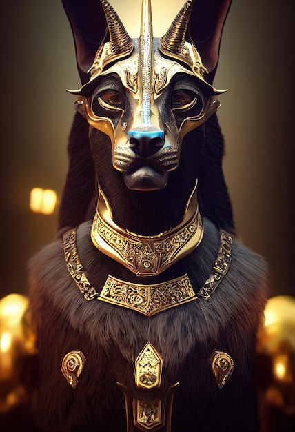 Un cane con una maschera d'oro e una collana d'oro.