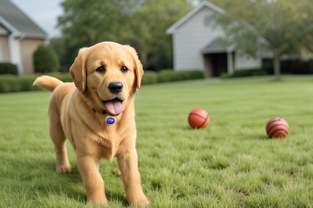 Un cane con una palla sull'erba