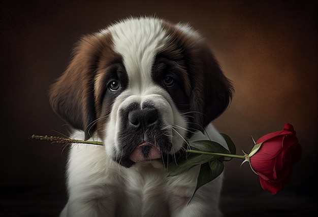 Un cane con una rosa in bocca